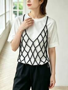 DEKUNER Minimalist Elegant Pearl Beaded Mesh Strap, Handmade Pearl Layered Body Chain, Casual Street Style Unique Top - Black - View 2