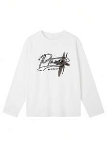 Women's Fashion Loose Fit Versatile Letter Print Pattern Long Sleeve T-Shirt, Autumn/Winter Casual White - White - View 4