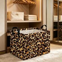 1pc Classic Leopard Print Foldable Fabric Storage Basket With Handle, Animal Cheetah Pattern Collapsible Storage Box, Multi-Functional Clothes & Sundries Bedroom Closet Organizer, Home Decor Room Arrangement - View 6