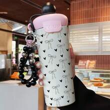 1個 600ML 英文蝴蝶創意蝴蝶結水墨潑染圖案保溫杯，時尚便攜掛繩水壺，不鏽鋼咖啡杯，適合辦公室與旅行，推薦送給朋友/家人的咖啡禮物 - 彩色 - 查看 2