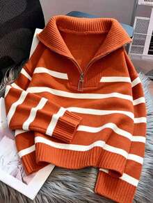 Autumn/Winter New Zipper Women Striped Knit Sweater, Fashion Minimalist Pullover, Versatile - Orange - View 4