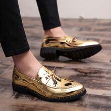 Men's Shiny Metallic Tassel Loafers Slip-On Brogue Carved Rivet Thick Sole Party Stage Formal Leather Shoes - Gold - View 8