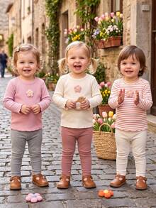 3pcs/Set Baby Girl Autumn Basic Long Sleeve Knit Crew Neck T-Shirt, Versatile Casual Apricot Pink Striped Colorblock Tops, Soft Comfortable Spring Warm Color Clothing - Multicolor - View 8