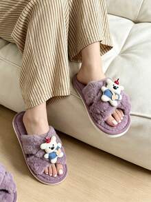 Women's Plush Cross Strap Open Toe Slippers, Cute Cartoon Bear & Cherry Decor, Fluffy Soft Comfortable, Indoor Bedroom Home Shoes - Style B - Purple - View 2