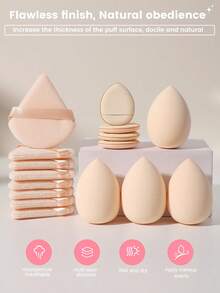 16Pcs Nude Mixed Makeup Puff Set, Triangle Velvet Powder Puffs, Mini Finger Strap Sponge Pads & Water Drop Makeup Sponges, Wet Dry Dual Use Cosmetic Tools For Foundation & Loose Powder, Portable Travel Makeup Accessories For Beginners - Apricot - View 3