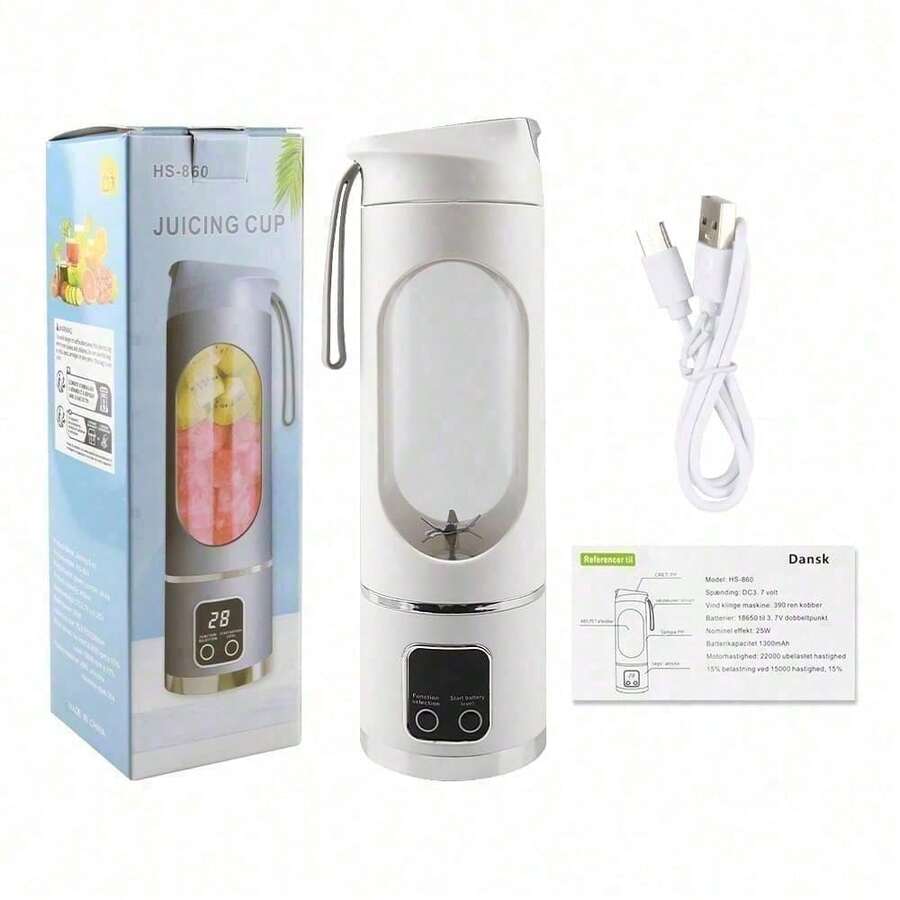 Tragbarer USB-Ladebetriebener Mixer Und Hand-Entsafter, Leicht Zu Reinigen, Ideal Für Smoothies, Milchshakes Und Frische Fruchtgetränke, Mit Digitalanzeige, Perfekt Für Zu Hause, Im Büro Und Auf Reisen - Weiss - Übersicht 1