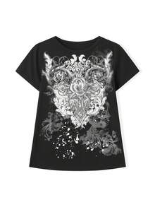 Women Vintage Graphic Print Tee Short Sleeve T-Shirts Y2K Fairy Grunge Round Neck Shirts Summer Gothic Slim Fit Crop To 2000s Aesthetic E-Girls Shirt - 黑色 - 查看 6