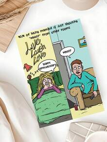 1pc Funny Married Couple Split Panel Cartoon Anniversary Greeting Card, 90% Marriage Is Shouting What From Other Rooms Humor Print, Live Laugh Love Sarcastic Novelty Gift For Husband Wife Spouse, Thicker And Larger Envelope And Card - Multicolor - View 4