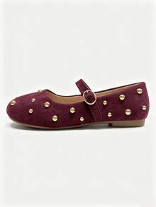 Kids' New Fashion Versatile Gold Bead Decor Flat Shoes - Burgundy - View 7