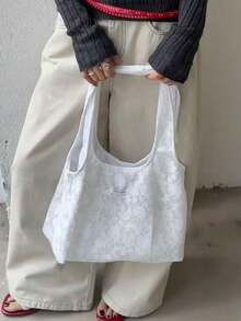 韓系小眾設計 Ins 風蕾絲單肩包，時尚女款托特包，適合旅行、通勤、外出、日常購物，夏季百搭沙灘包 - 白色 - 查看 6