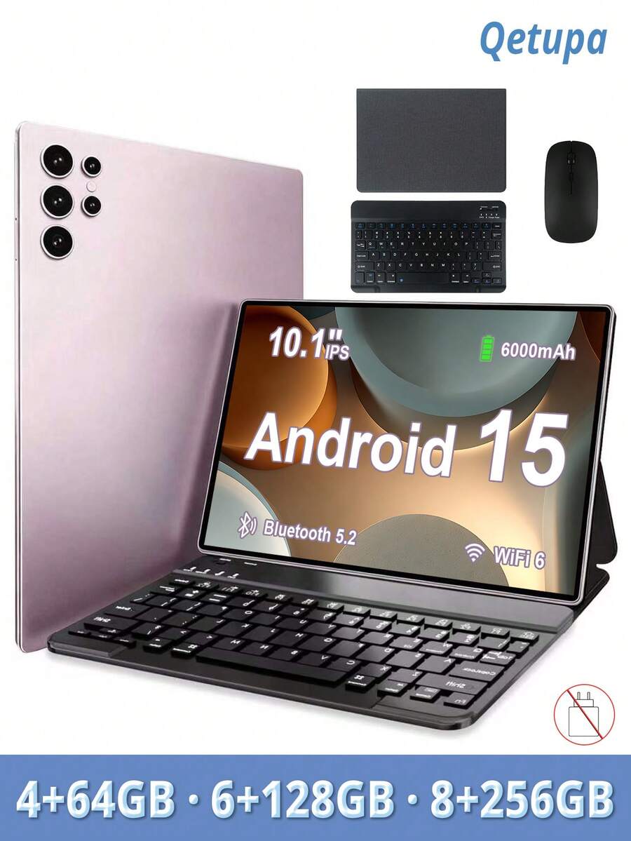 Qetupa 10.1 吋 Android 15 平板電腦，附保護殼、鍵盤與滑鼠，4GB RAM+64GB 儲存/6GB RAM+128GB 儲存/8GB RAM+256GB 儲存（支援 1TB 擴充），5MP 前置鏡頭與 13MP 後置鏡頭，6000mAh 電池（不含充電器）