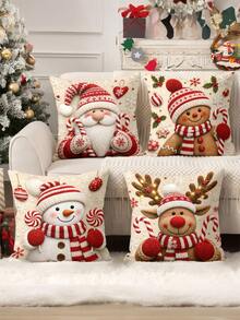 4Pcs Christmas Themed Throw Pillow Covers 45x45cm Christmas Theme Patterns Of Santa Claus, Gingerbread Man, Snowman, Red-Nosed Reindeer Ideal For Christmas Home Sofa Living Room Decor(Pillow Inserts Not Included) - Multicolor - View 4