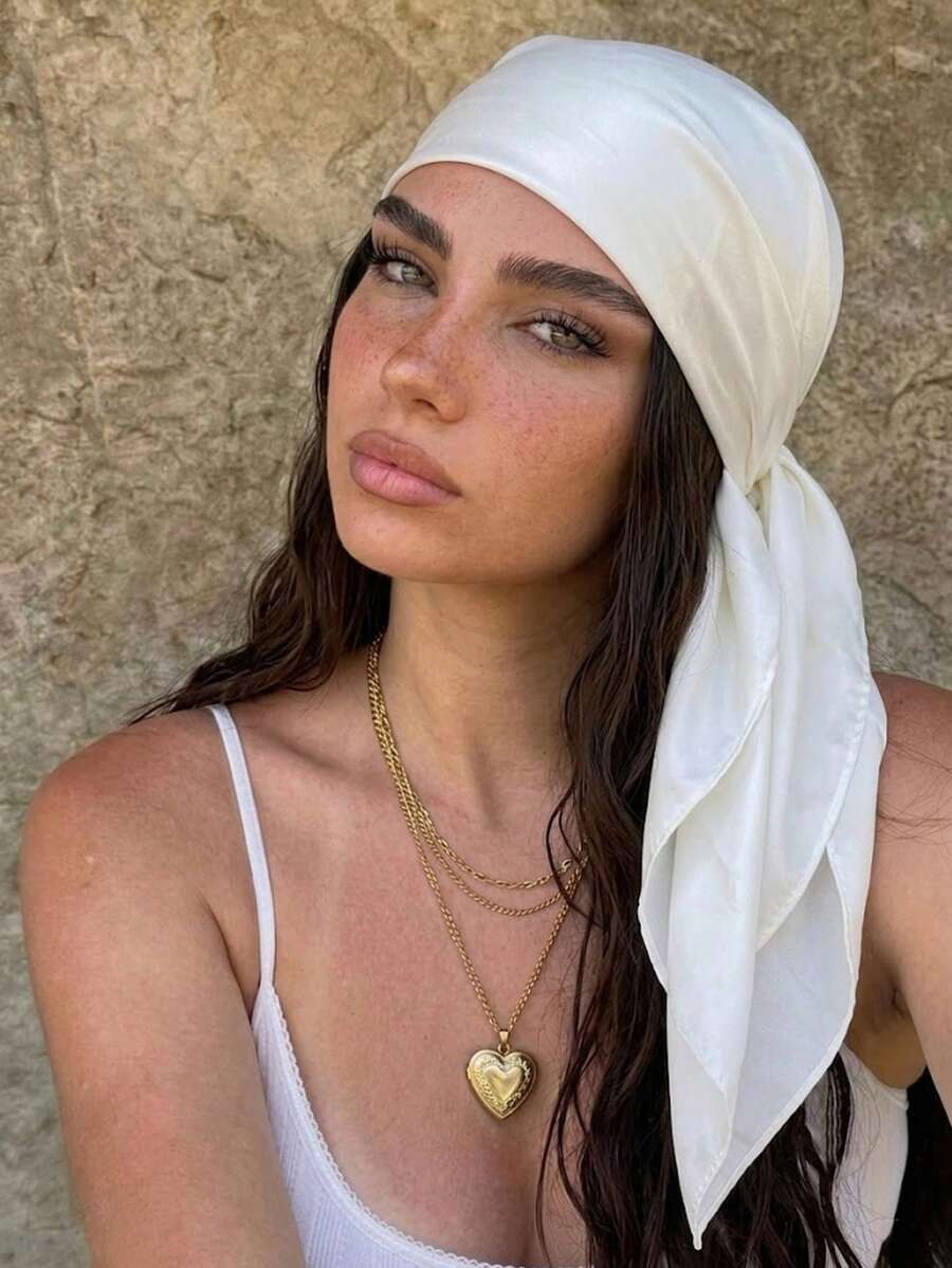 1Pc Soft Solid Color Minimalist Polyester Silk-Like Square Scarf, Headband, Hair Tie, Ideal For Styling - White - View 1