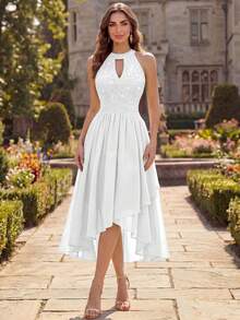 MIUSOL Sequin Floral Lace Halter Neck Sleeveless Ruched Chiffon Prom Homecoming Dress, Spring/Summer Dress Elegant White - White - View 4