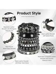 Xiacheng Punk Rock Leather Bracelet Set, Stackable Black Cuffs, Hearts, Stars And Chains, Gothic Emo Jewelry For Men Women, Perfect For Halloween & Concerts - Multicolor - View 2