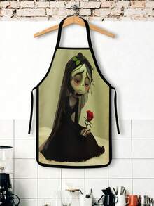 2Pcs Gothic Corpse Bride Apron Set, Spooky Skeleton Zombie Bride Black Wedding Dress Kitchen Apron, Dark Romantic Veil Rose Cooking Apron, Melancholy Halloween Chef Apron For Baking Grilling - Multicolor - View 6