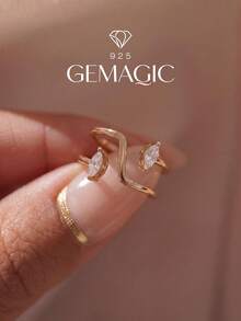 1pc Classic & Elegant 925 Sterling Silver Asymmetrical Cubic Zirconia Eye-Shaped Ring, Suitable For Women To Attend Parties And Balls, An Anniversary Gift For Girlfriend - Linear Marquise Ring - View 1