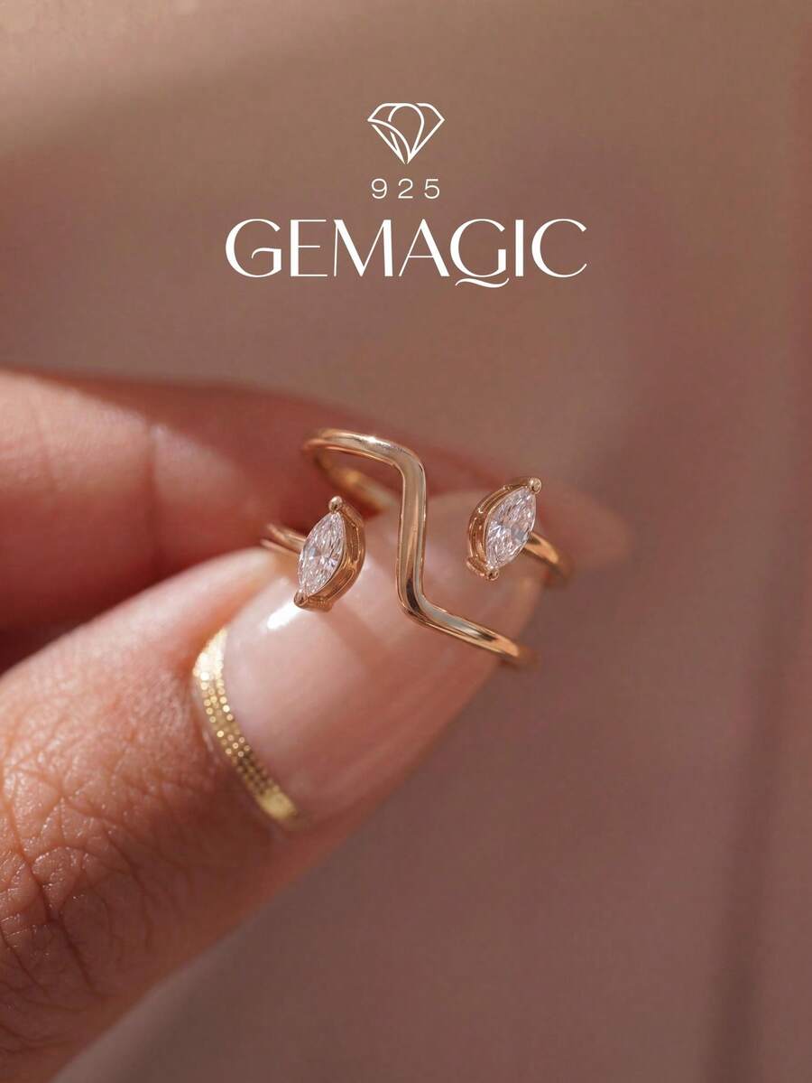 1pc Classic & Elegant 925 Sterling Silver Asymmetrical Cubic Zirconia Eye-Shaped Ring, Suitable For Women To Attend Parties And Balls, An Anniversary Gift For Girlfriend - Linear Marquise Ring - View 1