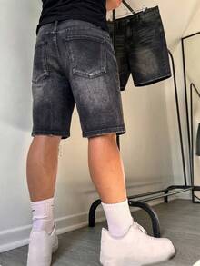 牛仔短褲，膝蓋長度內縫，夏季長褲，棉質面料，破洞牛仔短褲，休閒街頭風牛仔褲，適合日常通勤 - 黑色 - 查看 2