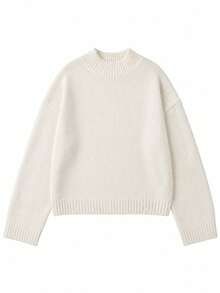 Minimalist Commuter Style Women's Comfortable White Short Chunky Knit Sweater Fall - White - View 6