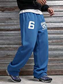 Men's Printed Casual Sweatpants, Loose Straight Leg Sports Pants, Streetwear Letter Design, Comfortable Versatile Slimming Long Pants - Blue - View 2