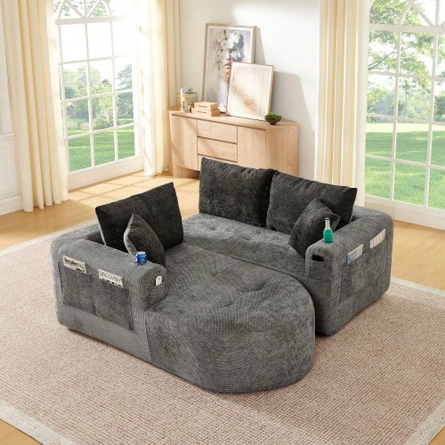 L-Shaped Corner Sofa As A Cloud Couch In A Self-Assembly Design With Heat-Resistant Stainless Steel Cup Holder And Breathable & Durable Linen Cover Including Clever Side Pockets And Armrests - Grey - View 1