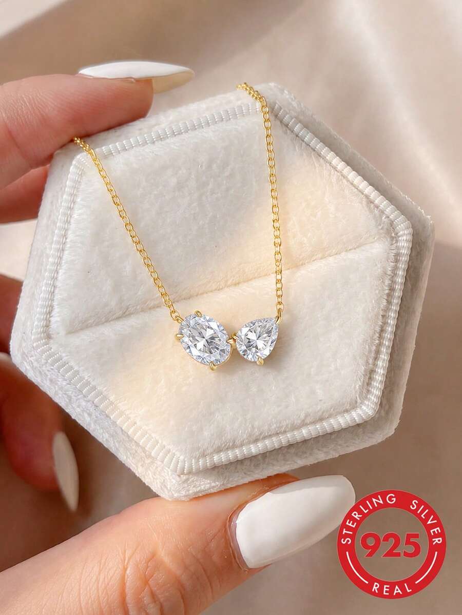 S925 Sterling Silver Asymmetric Zirconia Pendant Necklace, Versatile Jewelry Gift For Girlfriend, Wife, Mother On Birthday, Anniversary - Multicolor - View 1
