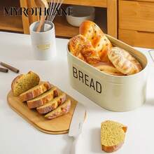 Myrothcane 1pc Metal Bread Box With Bamboo Lid, Large Capacity Bread Bin, Printed With "BREAD" Text, Kitchen Countertop Bread Storage Container, Farmhouse Style Kitchen Food Storage Organizer - Yellow - View 5