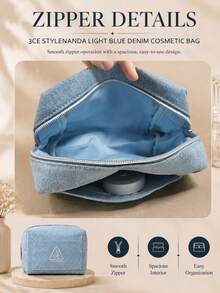 3CE Light Blue Denim Makeup Bag, 16*11.5cm, Durable Denim Fabric With Layered Compartments, Suitable For Daily Makeup Storage And Short Trips - Light Blue - View 8