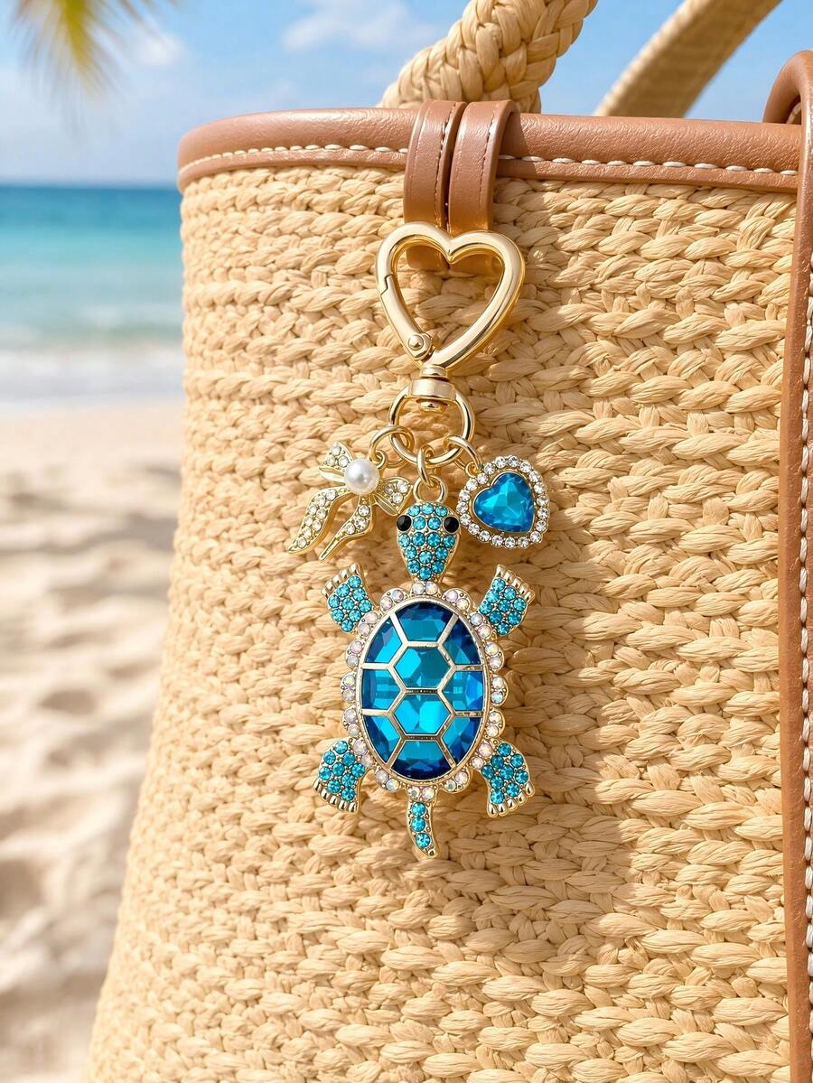 1pc/2pcs Charming Women's Beach Style Turtle Accessory, Cute Pink Rhinestone Heart Bag Charm, Women's Handbag/Shoulder Bag/Wallet Accessory, Room Decor Car Interior Hanging Ornament, Back To School Backpack Charm, Fun Gift For Friends - Multicolor - View 1
