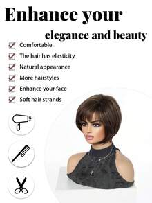 8 Inch Brown Highlight Short Bob Wig With Bangs For Women, Heat Resistant Synthetic Machine Made Wig, Beginner Friendly Ladies Wig, Great For Daily Wear, Halloween, Christmas, Music Festivals, Cosplay, Ideal Festival Gift For Girls For Ramadan & Eid - Multicolor - View 7