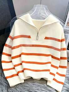 Sweater Rajut Bergaris Wanita dengan Resleting Baru untuk Musim Gugur/Dingin, Pullover Minimalis Modis, Serbaguna - Burnt Orange - View 3