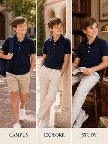 Young Boy Classic Navy Blue Solid Color Short Sleeve Polo Shirt, Suitable For Daily Wear, Outings, Gatherings, Performances And Activities - Navy Blue - View 5