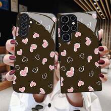 [24h Shipping From DE/FR/ES]Apple 11-17 Phone Case - Pink Case With Heart Print For  Galaxy S9+/S10/S20+/S20 Ultra/S21 5G/S21+/S22/S23 PLUS/S24 Plus/S25/S25 Edge/Note 9/Note 10/Note 10+/Note 20/Note 20 Ultra, Tempered Glass Anti-Drop Protective Case  21-26 - 1 Piece Of Picture Color - View 5