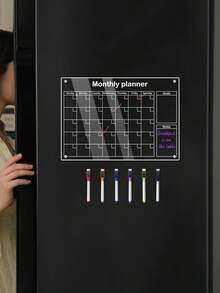 1pc Transparent Acrylic Monthly Planner Magnetic Fridge Magnet, Erasable Refrigerator Memo Board With 6 Magnetic Whiteboard Markers - I - View 3