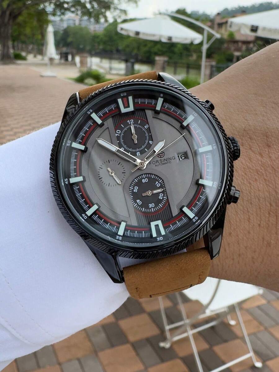 FORSINING 1pc Fashion Sports Automatic Mechanical Men's Watch, Small Seconds Dial, Date Display, Genuine Leather Strap, Luminous Hands, Business Casual Men's Watch, Gift Choice