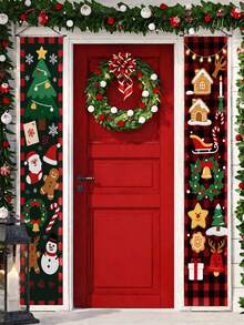 2Pcs Christmas Gatepost Couplet, Gingerbread Man, Snowman, Reindeer, Christmas Tree, Wreath Pattern Christmas Door Cover Banners, 30*180cm Polyester Xmas Front Door Hanging Banners, Porch Sign, Merry Christmas Decoration, Christmas Decor, Xmas Decor, Wall Decoration, Winter Indoor/Outdoor Decoration, Holiday Home Decor - Multicolor - View 3