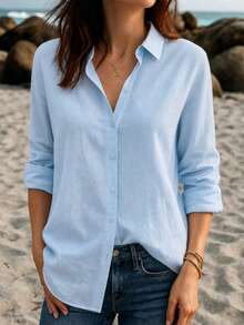 Women's Linen Shirt Casual Long Sleeve Cardigan Top, White Lapel Loose Fit Beach Blouse - Light Wash - View 3