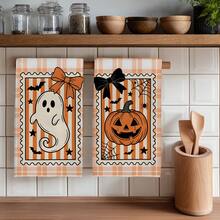 2PCS Kitchen Towels Orange & White Plaid Stamp Little Ghost Pumpkin Design Print 40*60cm Autumn Theme Rectangular Microfiber Kitchen Towels, Dish Cloths, Tablecloths, Hand Towels, Kitchen Decor, Home Decor, Housewarming Gift For Neighbors, Perfect For Kitchen & Bathroom Use, Suitable For Housewives And Family Gatherings, High Cost-Performance, Household Essential - Orange - View 1
