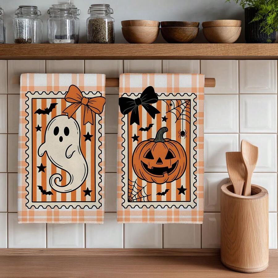 2PCS Kitchen Towels Orange & White Plaid Stamp Little Ghost Pumpkin Design Print 40*60cm Autumn Theme Rectangular Microfiber Kitchen Towels, Dish Cloths, Tablecloths, Hand Towels, Kitchen Decor, Home Decor, Housewarming Gift For Neighbors, Perfect For Kitchen & Bathroom Use, Suitable For Housewives And Family Gatherings, High Cost-Performance, Household Essential - Orange - View 1
