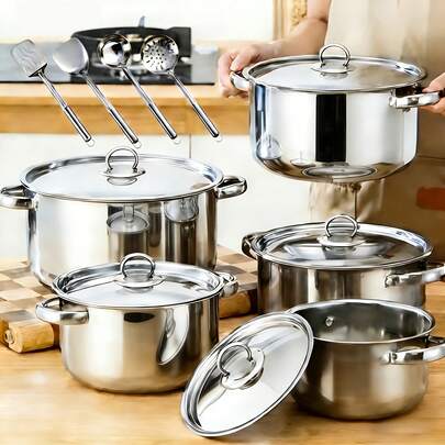 10Pcs Multi-Layer Silver Stainless Steel Pot Set, Non-Stick Wear-Resistant Kitchen Cookware, All Stoves Available Easy Clean Cooking Pots, Durable Household Kitchen Cooking Tool Set