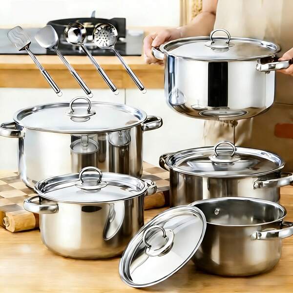 Juego de 10 piezas de ollas de acero inoxidable plateado multicapa, utensilios de cocina antiadherentes y resistentes al desgaste, ollas de cocina fáciles de limpiar para todas las estufas, juego de herramientas de cocina duraderas para el hogar