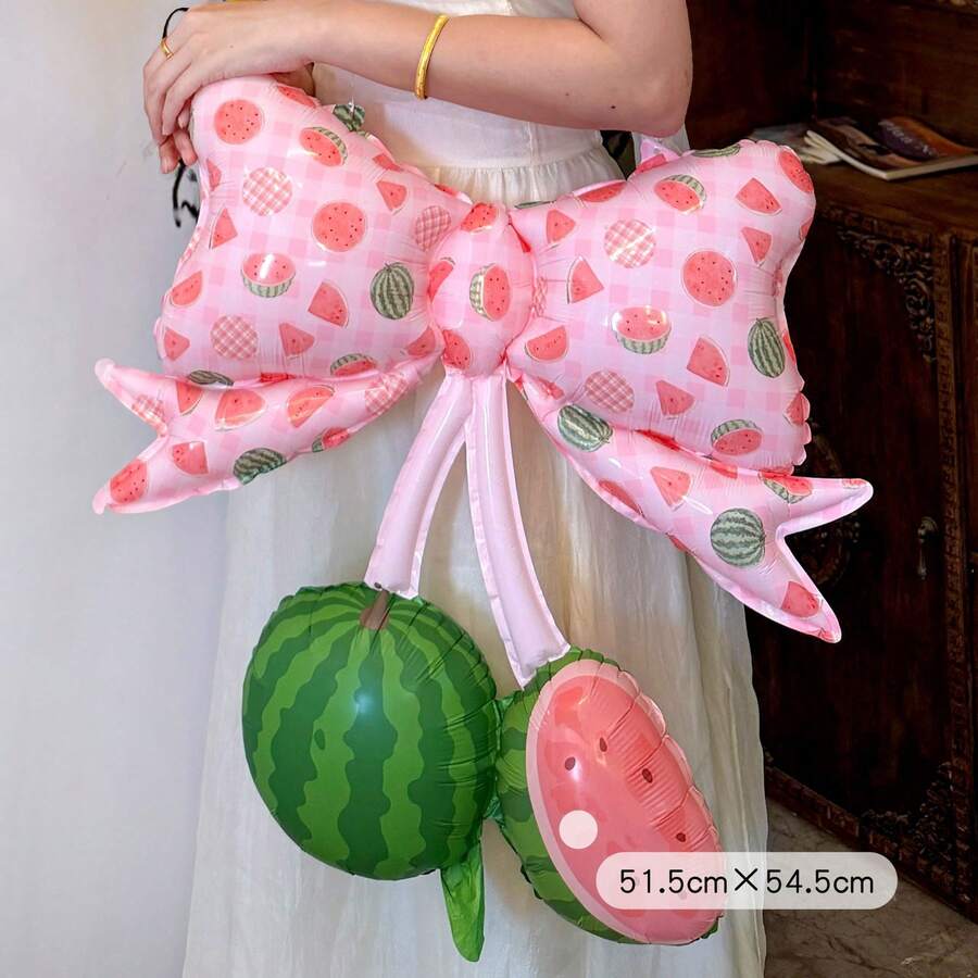 2pcs 20 Inch Fruit Print Bow Backpack Foil Balloons, Strawberry & Watermelon Design, Aesthetic Birthday Photo Props, Summer Party Decoration - View 1