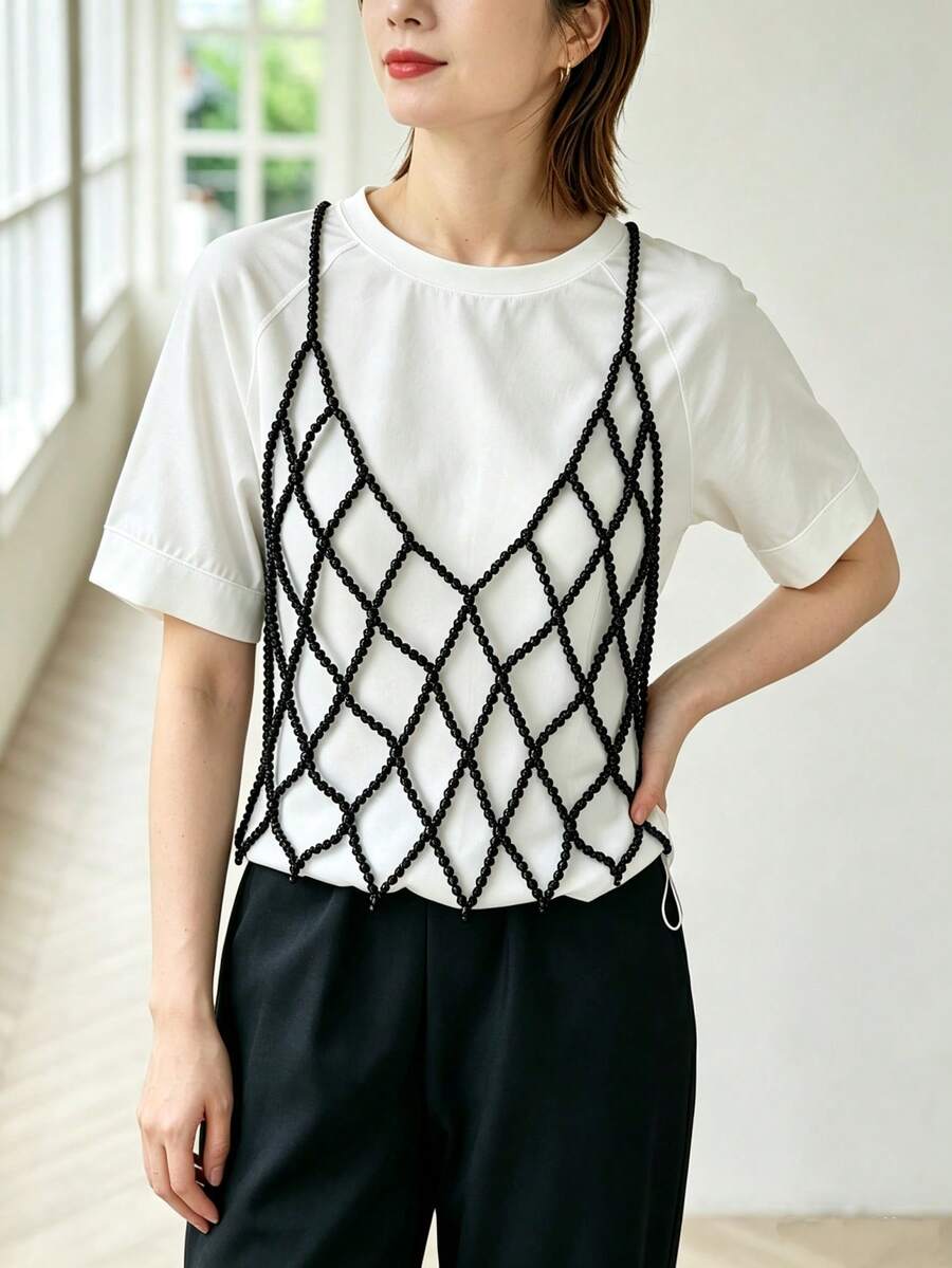 DEKUNER Minimalist Elegant Pearl Beaded Mesh Strap, Handmade Pearl Layered Body Chain, Casual Street Style Unique Top - Black - View 1