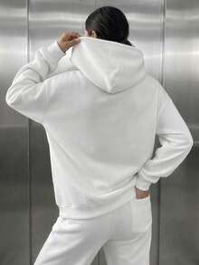 女款休閒豹紋口袋寬鬆長袖連帽衫 秋季 - 白色 - 查看 5