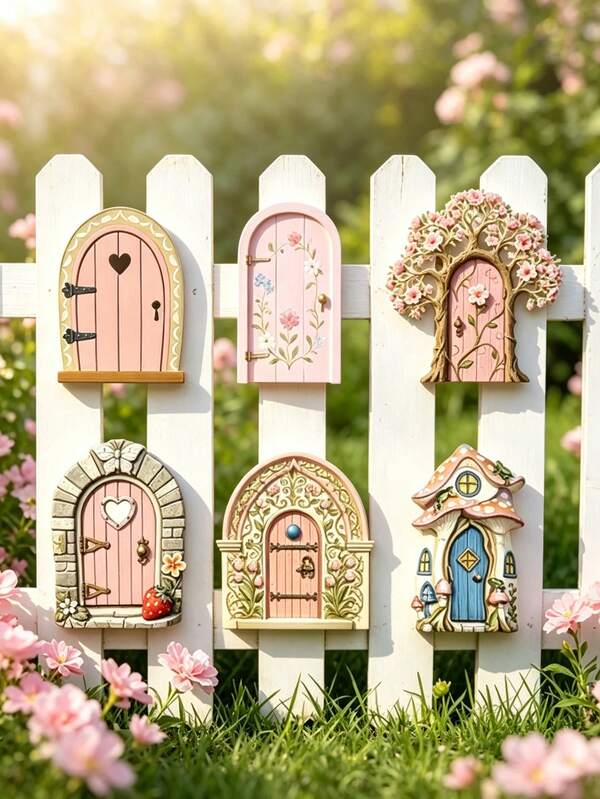 Pink Fairy Garden Door (2D), Realistic Mini Door, Suitable For Garden Decor, Miniature House Dollhouse, Desktop Decoration, Self-Adhesive, Small Wooden Door, Tree Trunk Flower Pot, Charming Fairy Tale Accessory, Waterproof, Suitable For Outdoor Use, Housewarming Gift