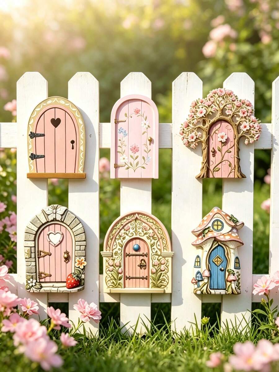 Pink Fairy Garden Door (2D), Realistic Mini Door, Suitable For Garden Decor, Miniature House Dollhouse, Desktop Decoration, Self-Adhesive, Small Wooden Door, Tree Trunk Flower Pot, Charming Fairy Tale Accessory, Waterproof, Suitable For Outdoor Use, Housewarming Gift - Garden Gate - View 1