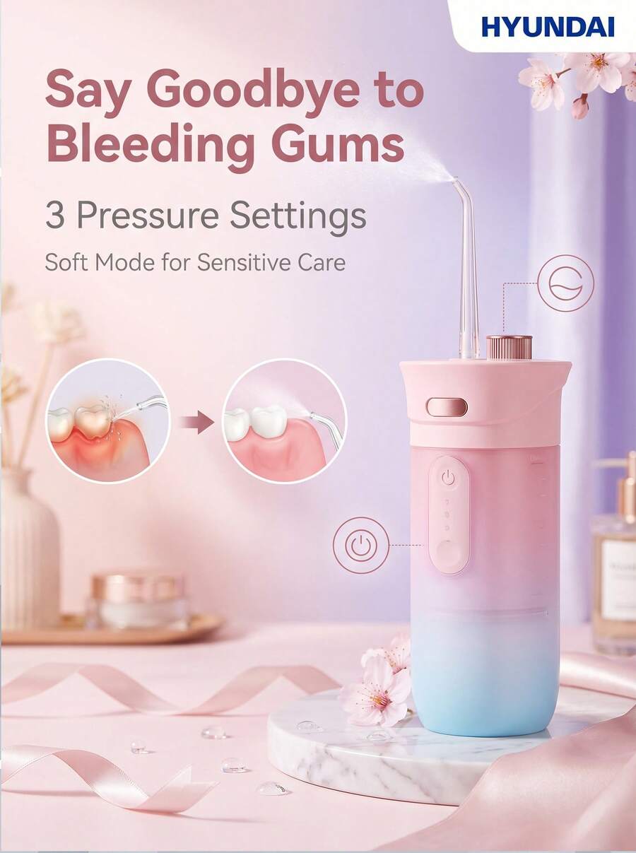 HYUNDAI W1 Portable Water Flosser: Cocok untuk penggunaan di rumah maupun saat bepergian, dengan tangki air besar 200ml dan daya tahan baterai hingga 30 hari. Peringkat tahan air IPX7. - Berwarna merah muda - View 1