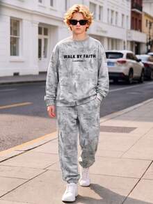Teenager Spring/Autumn Knit 2 Pieces Set, Grey Geometric All-Over Print Letter Crew Neck Sweatshirt, Loose Cuffed Joggers - Grey - View 2