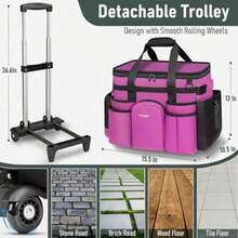 Cleaning Caddy With Wheels, X Large Rolling Caddy Bag With Detachable Trolley For Housekeepers, Water Resistant Cleaning Cart Supplies Organizer For Home, Car, Tool Organizer, Mobile Storage - Rose Red - View 3